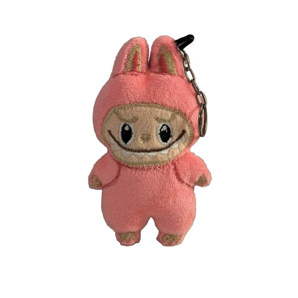 Pink Plush Labubu Monster Keychain 4" Embroidered Face Gold Accents